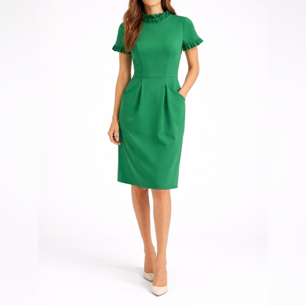 Green Ruffle Neck Shift Dress | Prwppy Chic Midi Dress | Pockets | Work Office